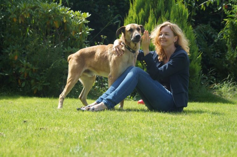 hôtesse de l'air qui caresse son chien adopté